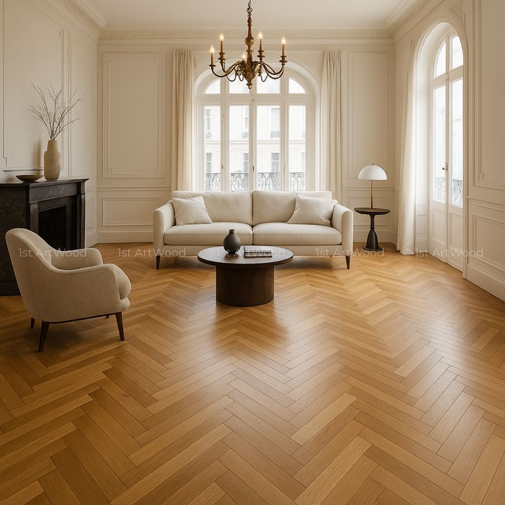 sàn gỗ xương cá trong biệt thự tân cổ điển