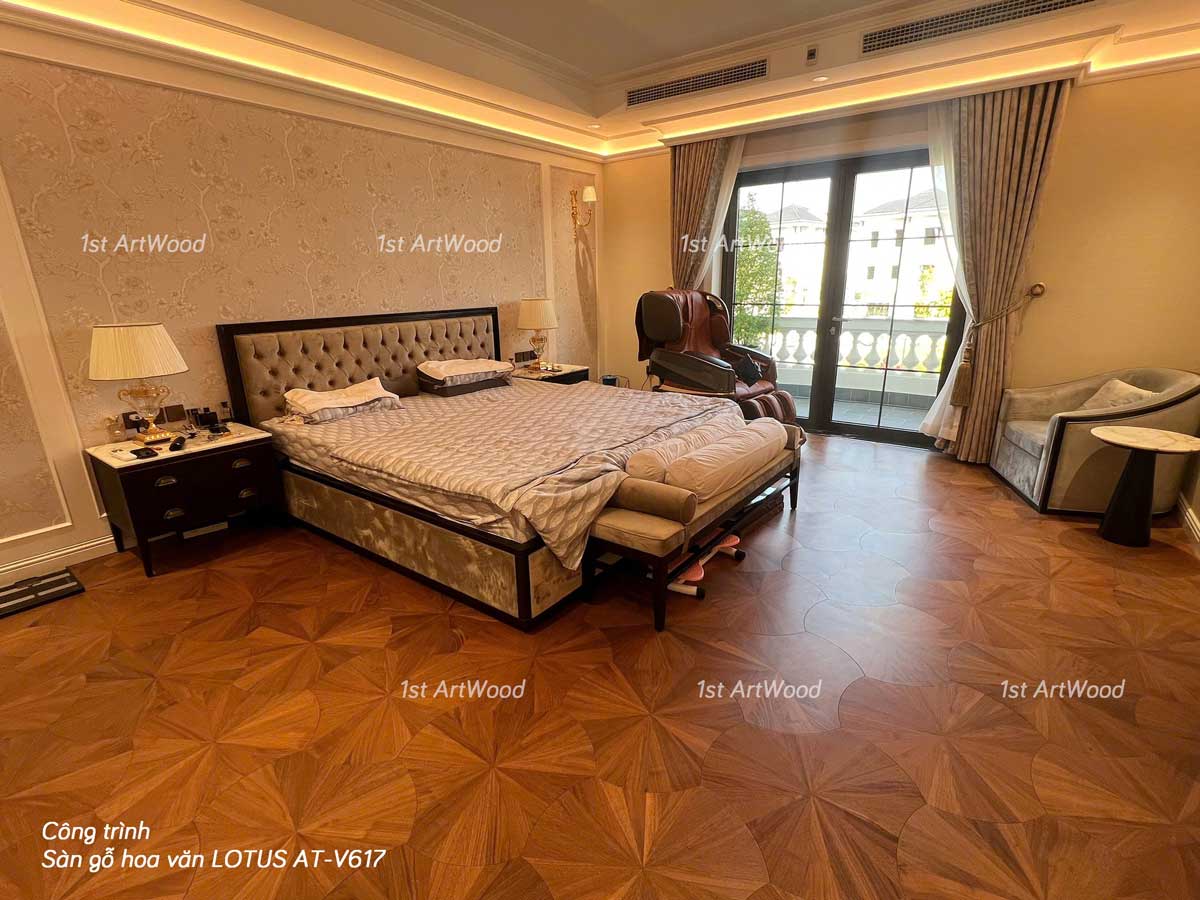 Dự án Biệt thự Vườn Cam – Sàn gỗ hoa văn cánh sen óc chó