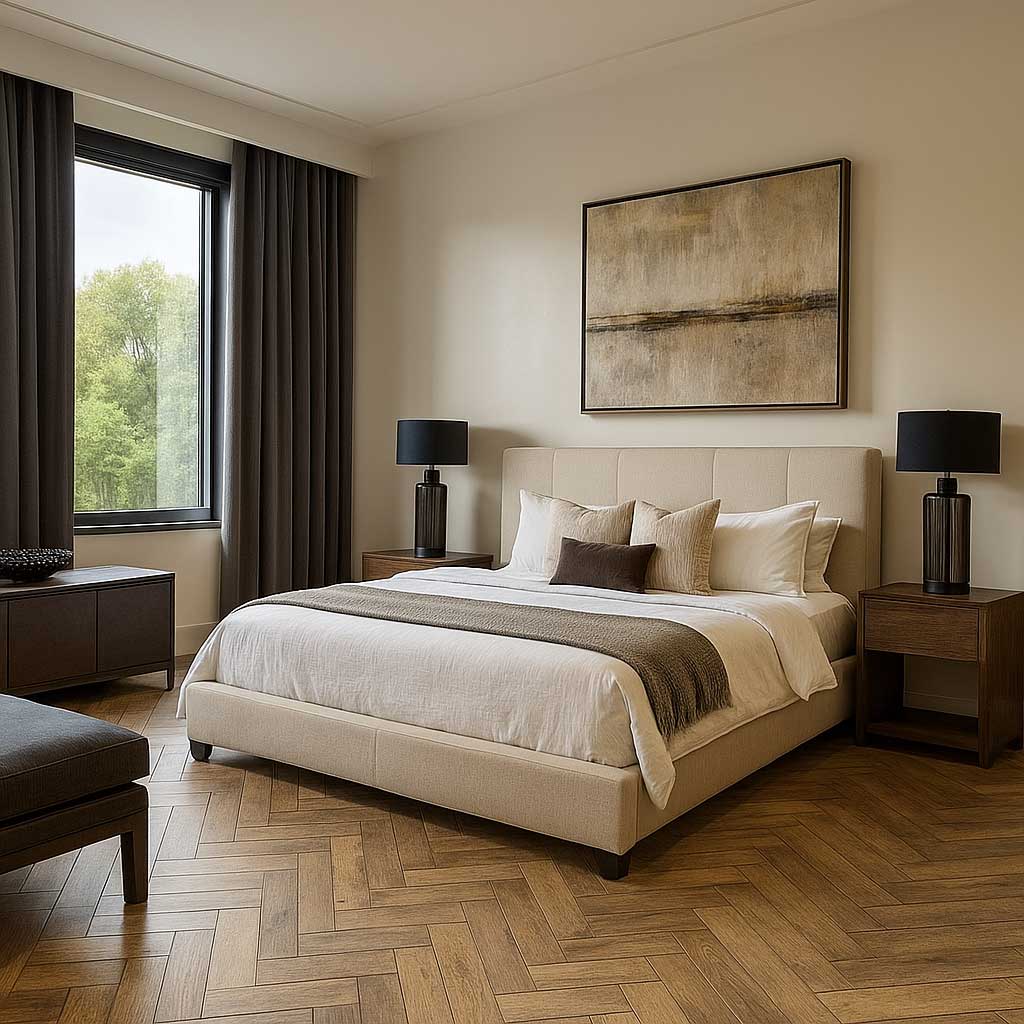 sàn gỗ xương cá phòng ngủ