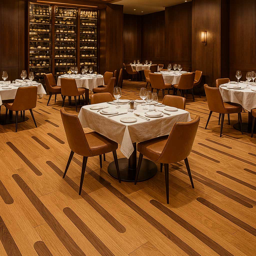 sàn gỗ hoa văn hình học trong nhà hàng