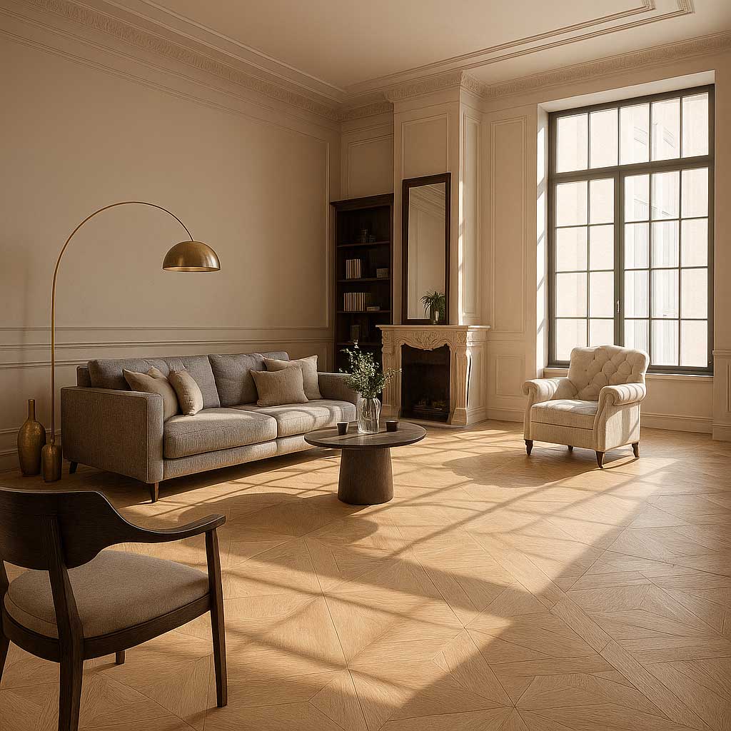 sàn gỗ hoa văn hình học kết hợp ánh sáng