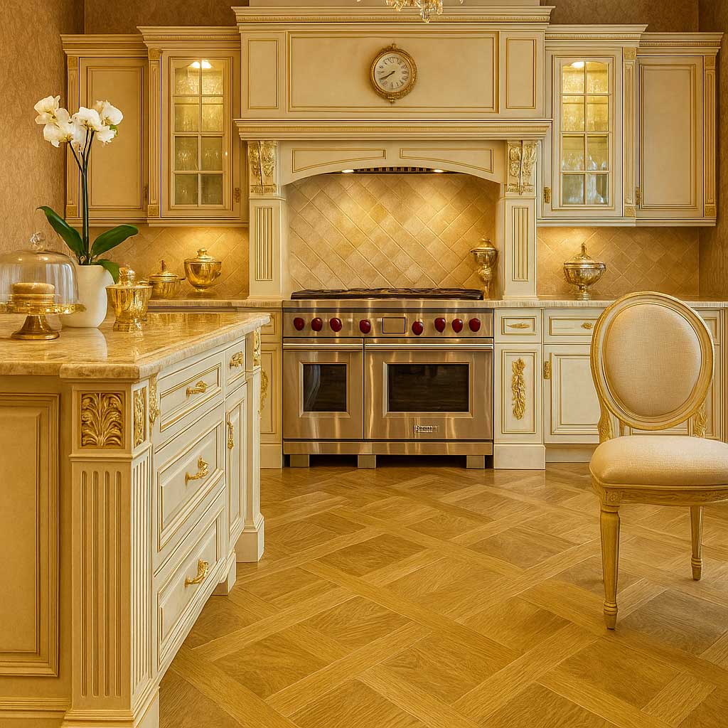 sàn gỗ hoa văn tinh xảo trong căn bếp châu Âu