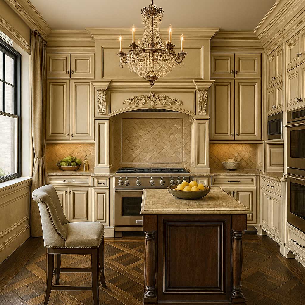 sàn gỗ hoa văn trong bếp tân cổ điển