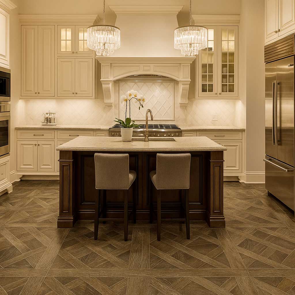 sàn gỗ hoa văn versailles trong phòng bếp